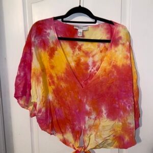 Forever 21 Pink and Yellow Tie-Dye V-Neck Blouse